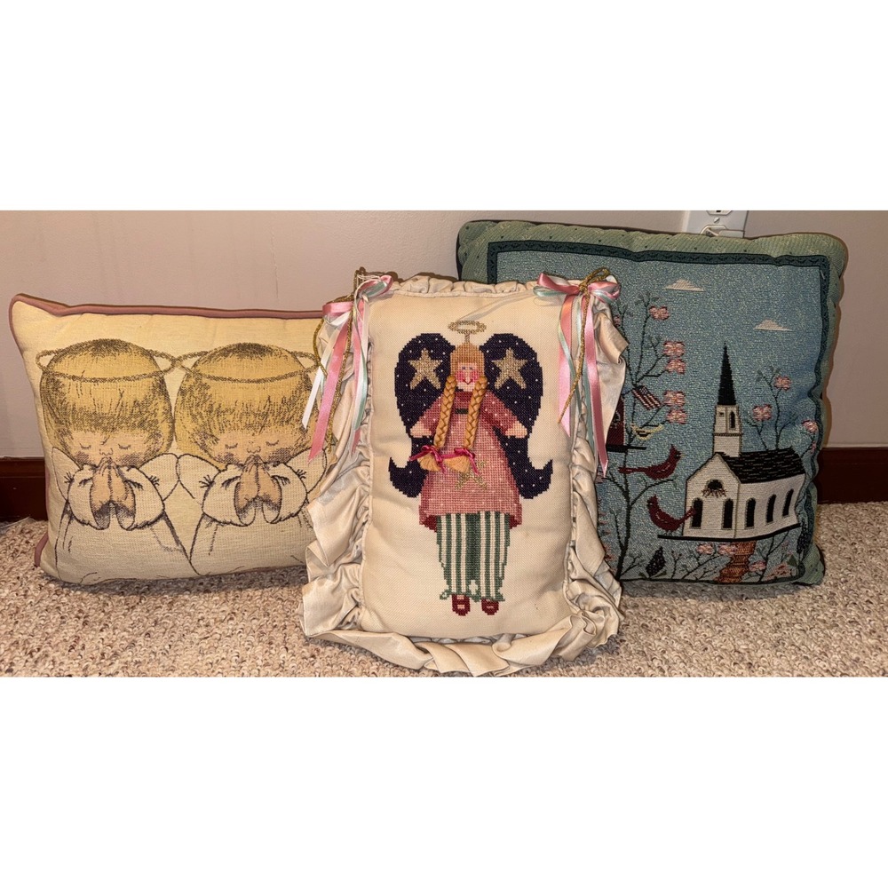 Vintage Angel & Church Tapestry Pillow Set Hallmark Riverdale Cross Stitch 3pc